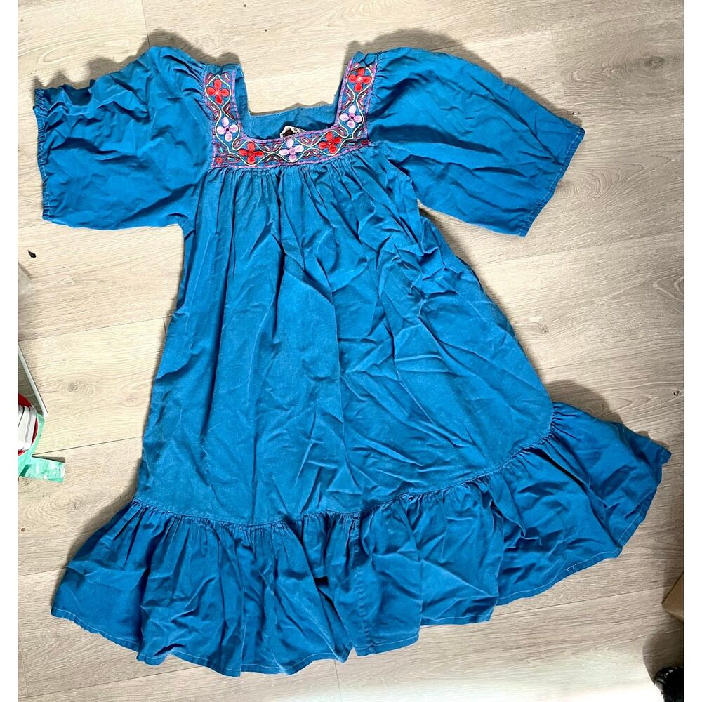 Vintage 70s-80s Embroidered Embellished Bohemian Blue Dress